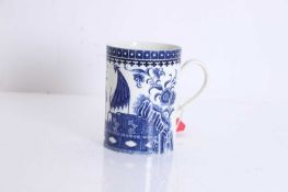 A large Caughley blue and white porcelain mug, circa 1780,