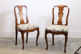 A pair of Dutch walnut and marquetry inlaid chairs, late 18th century,
