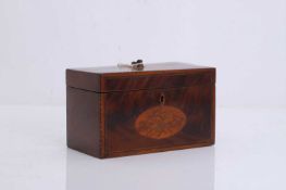 A mahogany floral inlaid rectangular tea caddy,