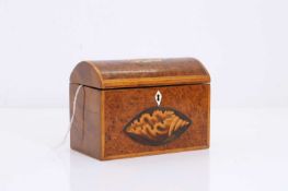A dome top burr yew tea caddy, early 20th century,