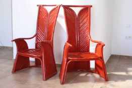 A pair of red bamboo throne chairs, circa .1950s,