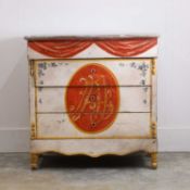 A French theatrically painted chest of drawers, 19th century,