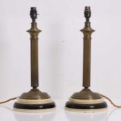 A pair of brass column table lamps, early 20th century,