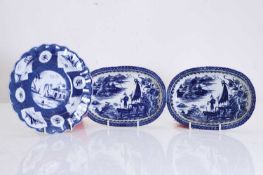 A group of three Caughley blue and white porcelain dishes, circa 1780