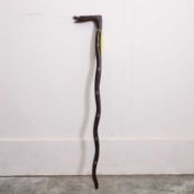 A carved hardwood and mother-of-pearl inlaid walking cane, 20th century,