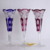 Three Bohemian ruby and blue cased glass vases, 20th century and later,