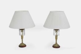 A pair of brass and glass table lamps, 20th century,