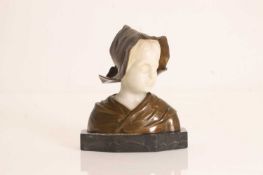 An Art Nouveau alabaster and bronze bust of a girl, circa 1900,