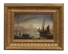 John Wallace Tucker (British, 1808-1869) A barge mooring and figures on beach at twillight