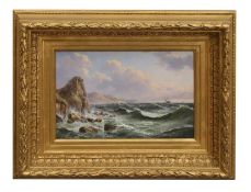 John Mundell (British, 1818-1875) A distant steamer offshore in stormy seas