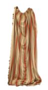 A pair of long and short striped and fringed curtains, of recent manufacture,