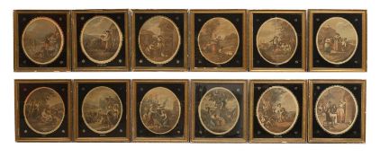 A set of twelve oval coloured mezzotints, 'The Months of the Year', 19th century,