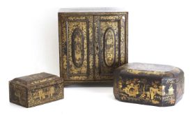 Three black Japanned chinoiserie items, late 19th century,