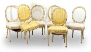 A set of six cream and gilt painted salon chairs, 20th century,