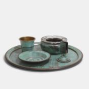 A WMF 'Ikora' Art Deco patinated bronze smoking set, circa 1930s,