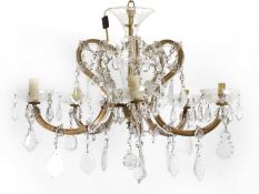 A pair of five-light moulded glass chandeliers, 20th century,