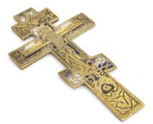 A bronze and enamelled Russian Orthodox cross, 19th century,