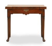 A burr walnut and feather banded fold over tea table, 18th century