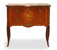 A Louis XVI style marble top marquetry commode, 19th / 20th century,