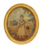 A silk work needlework study of a girl in a landscape, c.1800,