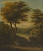 Manner of Jan Hackaert A wooded landscape with travellers by a lake