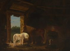 Edward Robert Smythe (British, 1810-1899) Horses waiting to be shoed