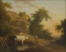 Circle of Edmund Bristow (British, 1787-1876) Figures and cattle before a barn