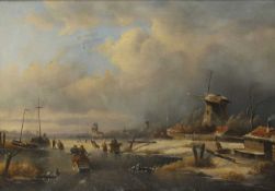 Jan Jacob Spohler (Dutch, 1811-1866) A winter landscape with figures on a frozen river