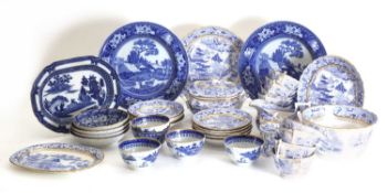 Charles Bourne, a blue and white printed and gilt bordered part tea set, circa 1820,