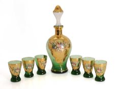 A collection of Murano green glass and gilt liquor set,