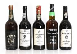 A collection of five bottles of Port,