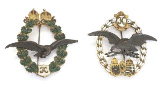 An Austro-Hungarian WWI 1917 aircrew badge and an Austrian pilot's badge, type II