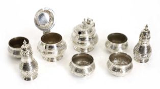A set of silver salts, pepperettes, and mustards, Victorian,