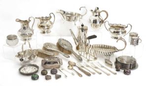 A collection of seven modern silver and enamelled miniature pots and covers, 20th century,