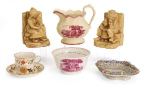 A pink lustre transfer decorated bowl and a similar jug,