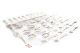 A collection of George III and George IV matched silver fiddle pattern flatware, most by William Ele