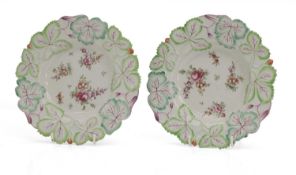 Two Longton Hall porcelain strawberry leaf moulded plates, circa 1755,