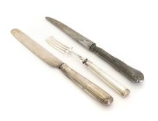 A collection of two part sets of cake knives and forks,