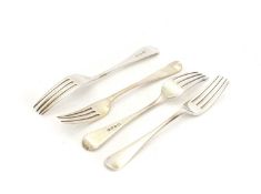 A collection of George III silver Hanoverian table and dessert forks, various dates and makers,