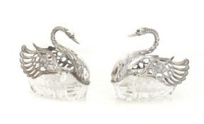 Pair silver and cut glass swan dishes, early 20th century,