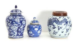 Three Chinese blue and white jars and covers, late 19th century,