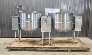 Twin Vulcan Kettles,total capacity: 300 gallons, manufacturer: Cleveland Range, model: TMKDL-150T,