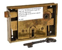 A 19th Century Brass Rim Lock, signed in script to case, bolt stamped J.T Harwood, warded lock and