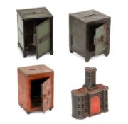 Four Assorted Late Victorian Metal Money Boxes, three in the form of safes with hinged doors, the