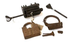 A North African Trick Lock 12cm A D Shaped Shackle, 18th/19th century, badly rusted A Large Middle