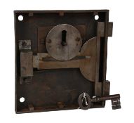 A Heavy Iron Safe Lock, with original warded key, double throw action, with two bolts 23cm by 21cm A