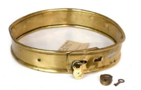 A 19th Century Brass Dog Collar, bearing inscription, the small brass padlock with pivoting