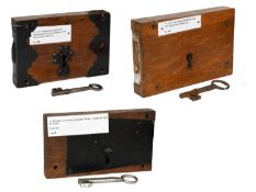 Three 19th Century Oak-Cased Locks, comprising: an RH single-sided deadlock, with long pin and