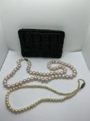 TWO PEARL NECKLACES - COME IN/ WITH A BLACK BEADED PADDED PURSE