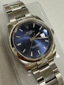 STAINLESS STEEL ROLEX OYSTER PERPETUAL DATE WATCH WITH BLUE FACE